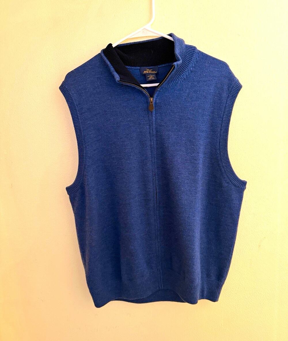 Brooks Brothers Men’s Blue Merino Wool Knit 1/4 Zip Mock Neck Sweater Vest